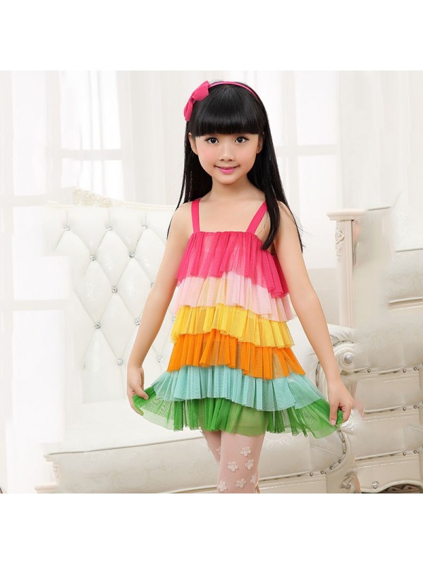 Rainbow splicing dress with shoulder-straps rainbow children summer style beach bohemian toddler girl dresses