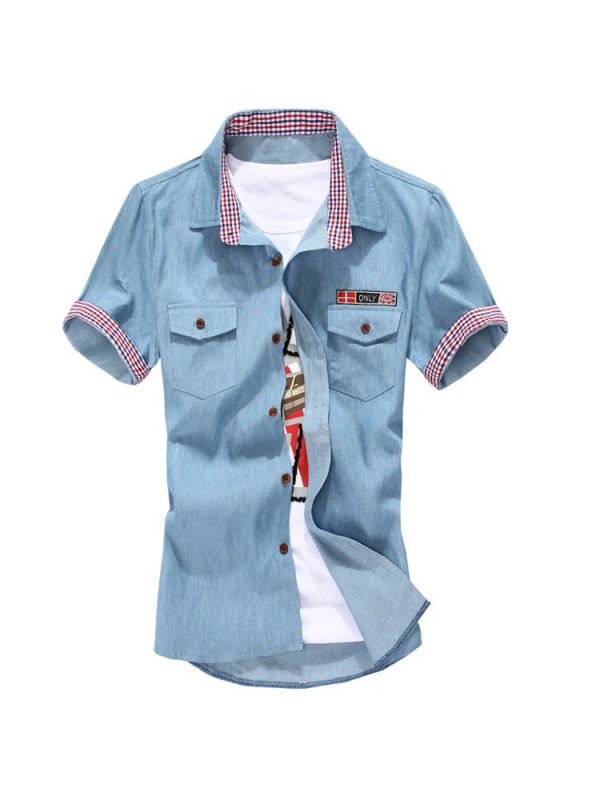 New Mens Shirts Lattice neckline And Cuffs Short Sleeve Shirt Korean Style Summer Camisa Masculina M-XXL 13038